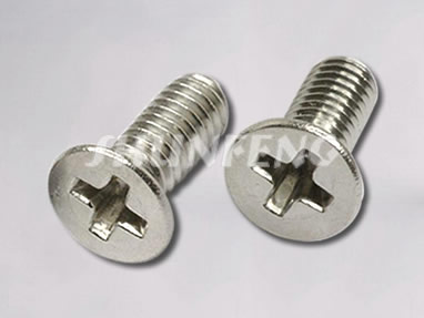 Two zinc plated countersunk bolts with crossed flat head.