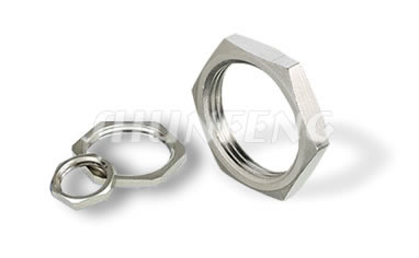 Three stainless steel panel hex nuts in different sizes.