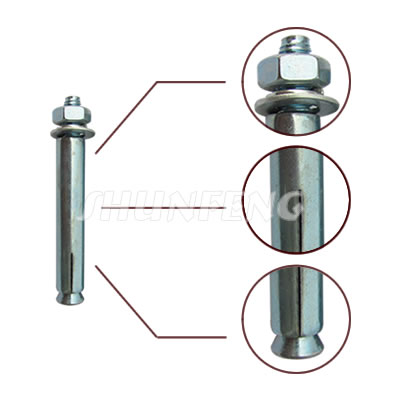 A zinc plated sleeve anchor is composed of a nut, a washer, lead sleeve and threaded stud.