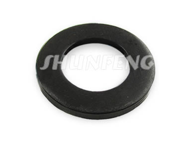 A black heavy flat washer manufactured with stronger and thicker materials.
