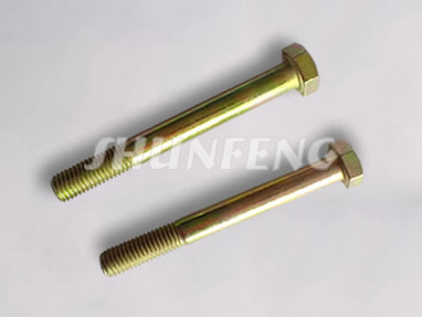Two steel hex bolts with yellow zinc plating