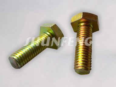 Two steel tap bolts with yellow zinc coating which shows better resistance to corrosion than the clear one.